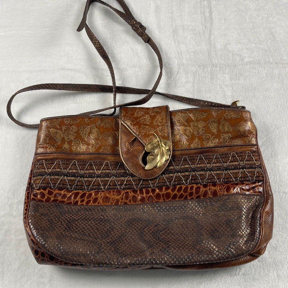 Sharif Vintage Patchwork Exotic Leather Leaf Crossbody Bag Brown Gold USA Made